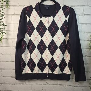 LANDS END NAVY CARDIGAN WHITE PINK ARGYL WOMENS LIKE NEW PREPPY SIZE XL